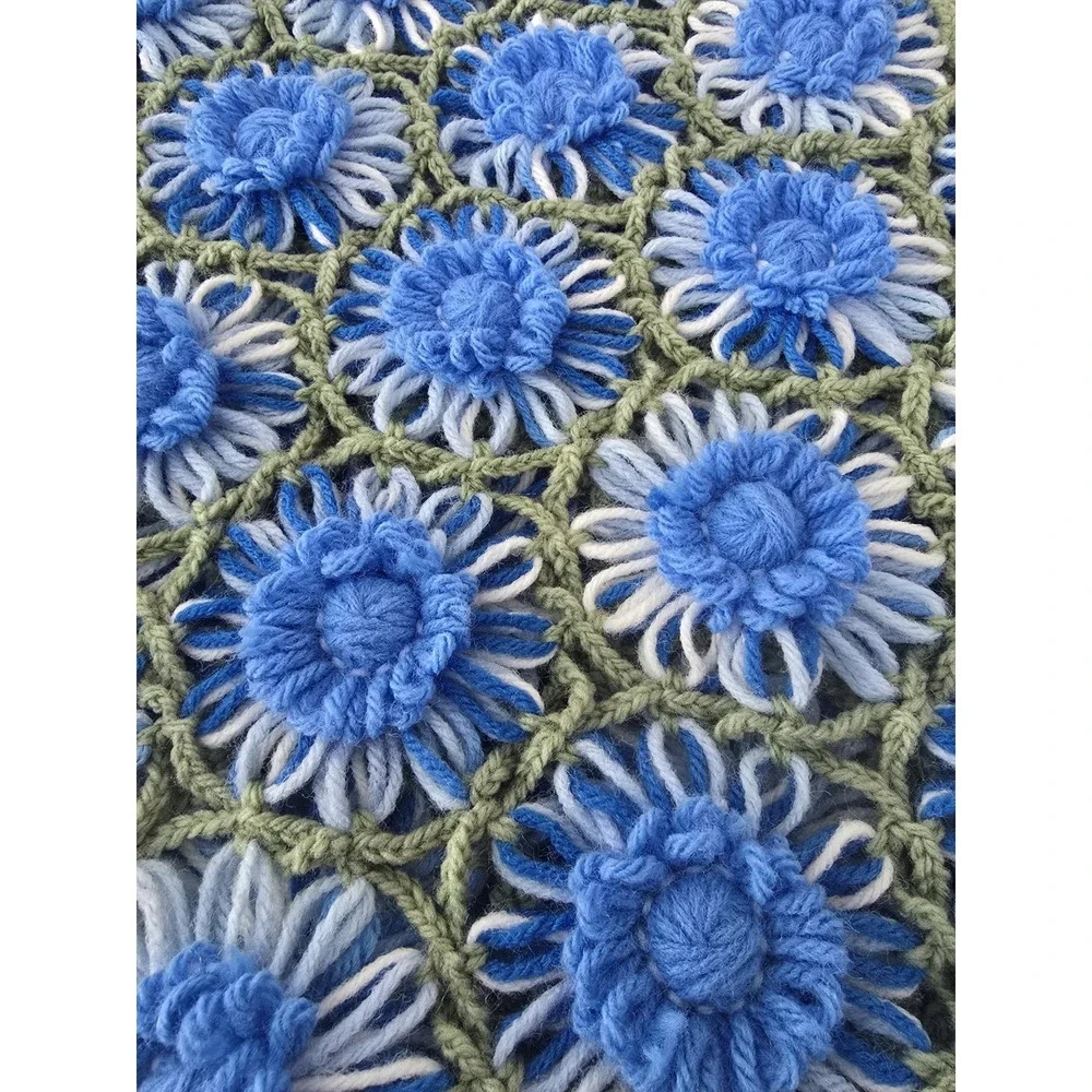 Vtg Hand Crocheted Granny Raised Floral Afghan Blanket Blue Green Large Throw